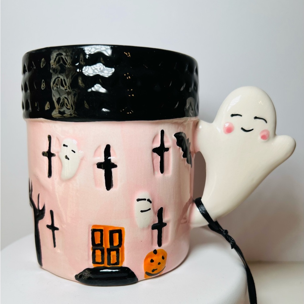 Halloween Pink & Black Haunted House Ceramic Mug White Ghost Handle